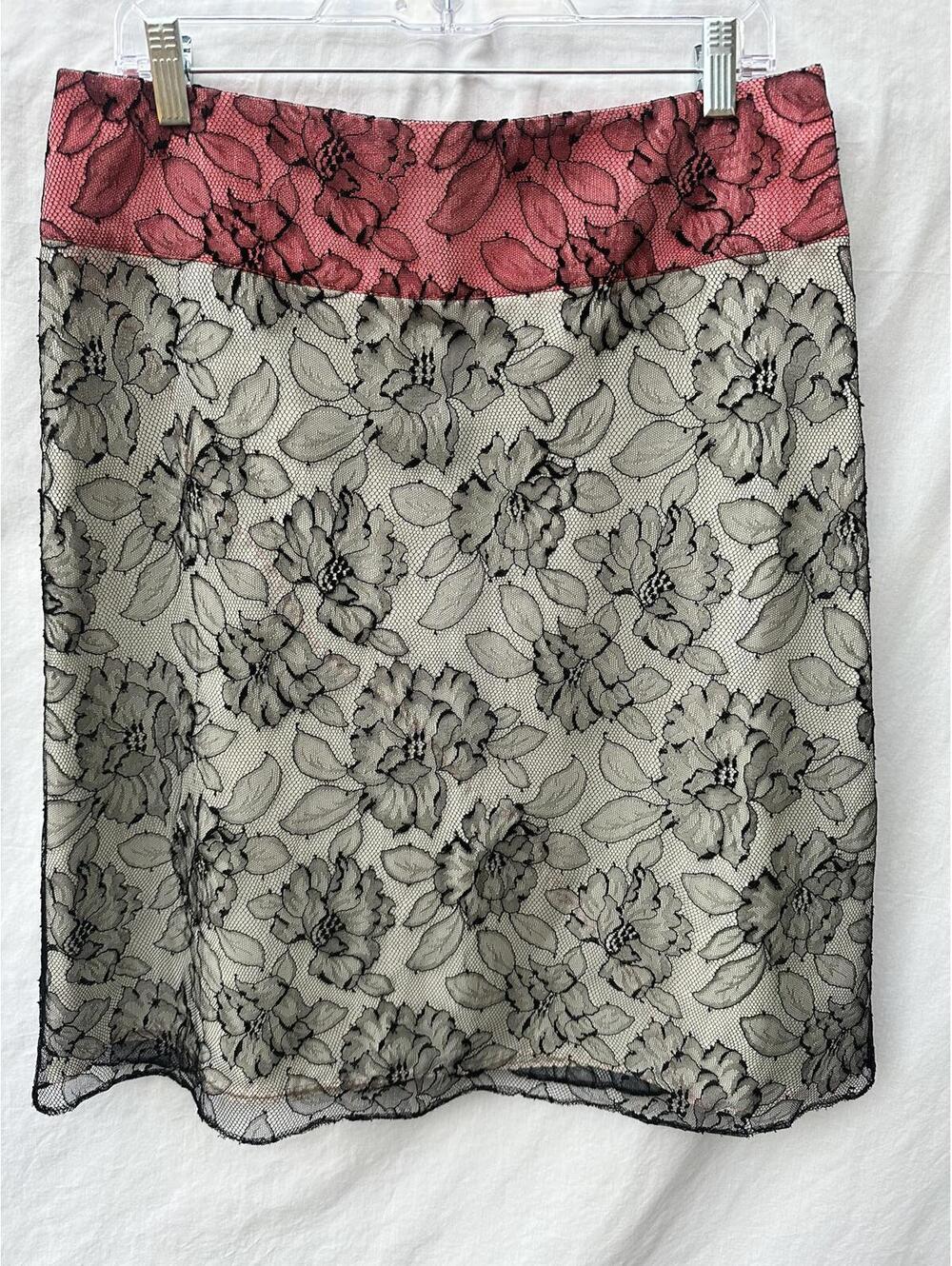 Maison Mayle Floral Lace Overlay Designer Skirt with Pink Waistband Size 10